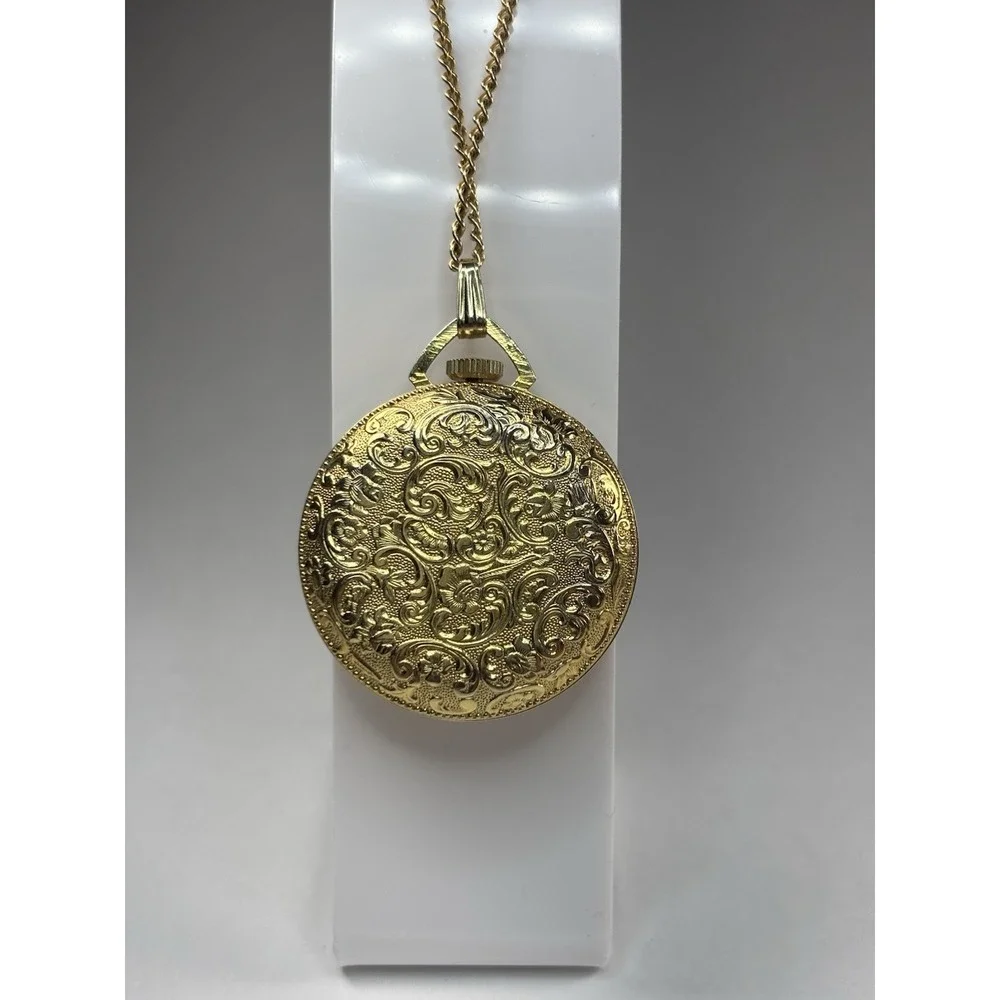 Vtg‎ Lucerne Swiss Mechanical Pocket Watch Pendant Engraved Gold Color Plate Red